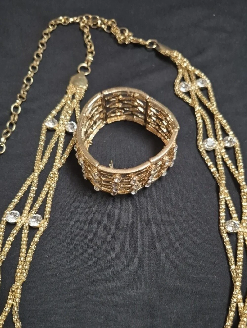 Gold-Tone Crystal Multi-Strand Necklace with Matching Bracelet